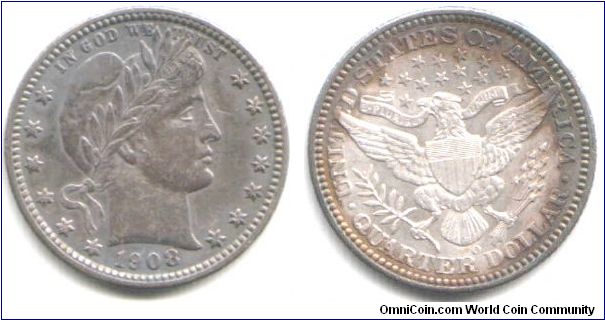 Barber Quarter (1908 o) in nice VF to EF grade. Even blue / gray toning obverse, rim toning to reverse.