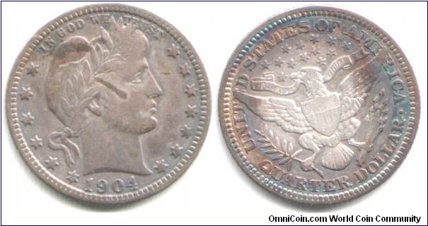 Barber Quarter (1904) in nice F to VF grade. Nice toning on reverse.