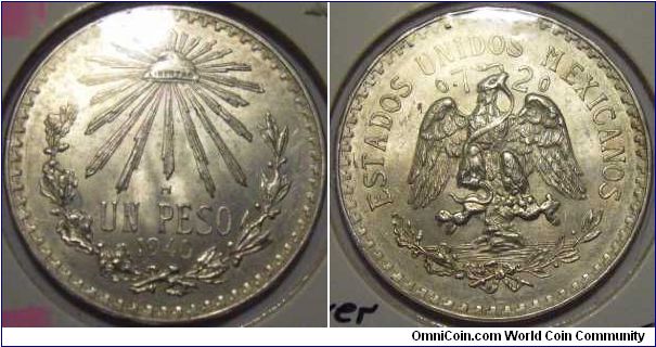 Mexico 1940 1 peso. Nice silver coin. Reserved.