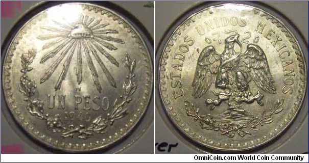Mexico 1940 1 peso. Nice silver coin. Reserved.