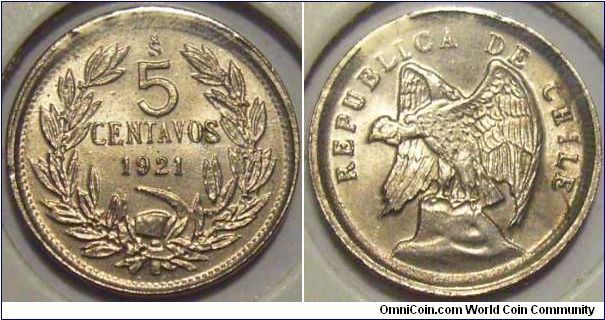 Chile 1921 5 centavos. Strong XF, if not weak aUNC! Reserved.