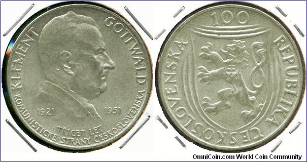 Czechoslovakia 100 korun 1951 - 30th Anniv. of Communist Party of Czechoslovakia