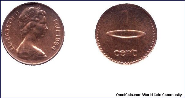 Fiji, 1 cent, 1984, Bronze, Tanoa-mixing and serving bowl, Kava dish, Elizabeth II, Part of set MS7.                                                                                                                                                                                                                                                                                                                                                                                                                