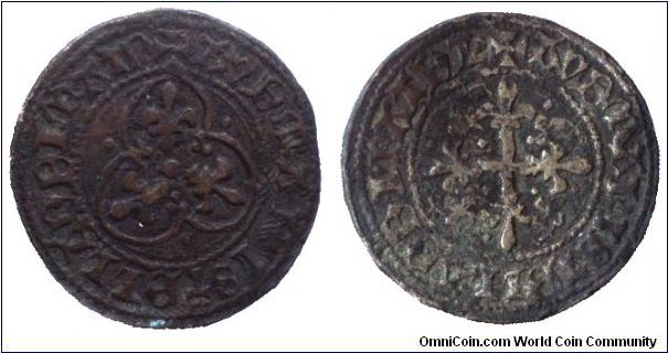 France, jeton de compte, no date, billion, 26 mm, fleur-de-lis in trefoil, fleury cross, minted in Tournai under Louis XI (1461-1483). Inscription on both sides: AVE MARI STELLA DEI MATR.                                                                                                                                                                                                                                                                                                                         