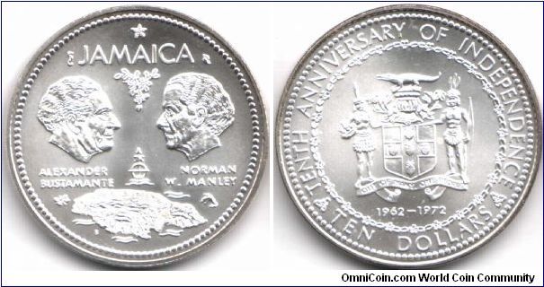 Jamaica 10 dollars `10th Anniversary of Independence'. Rather large at 1.46 oz of silver.