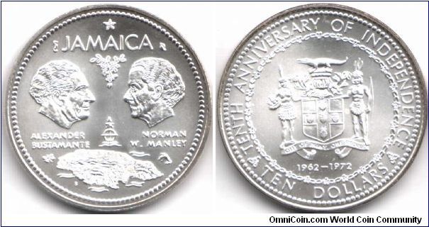 Jamaica 10 dollars `10th Anniversary of Independence'. Rather large at 1.46 oz of silver.