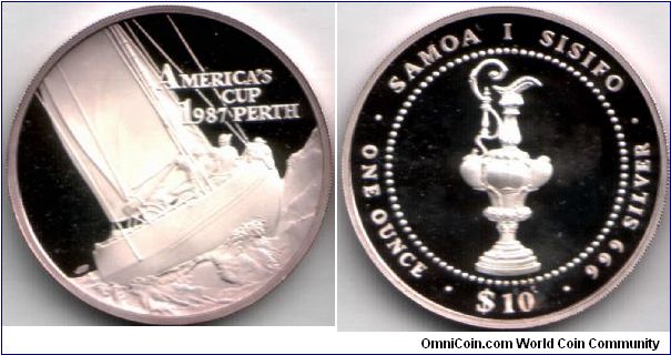 Western Samoa silver proof ten tala `America's Cup'.
This is my favourite modern proof coin. It has an incredible purple hue toning to the obverse and the frosted design is something else entirely. Amazing coin that will stay in my collection till I expire.