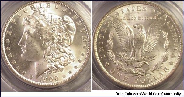 1900 O Morgan PCGS ms63 Normal closed 9 obverse and reverse with centered and upright mint mark. Die crack on cap