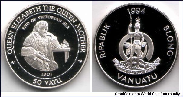 Silver proof 50 Vatu featuring Queen Victoria.