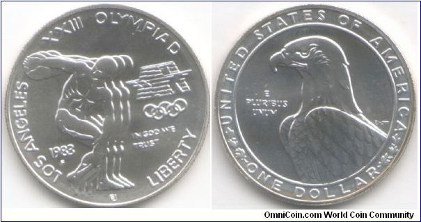 `Los Angeles Olympics'  unc silver dollar. Not one of the better commems i'm afraid.