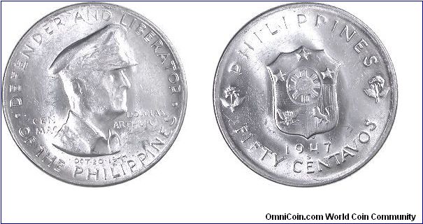 Gen. MacArthur silver fifty Centavos struck at the San Francisco mint. An awesome coin!