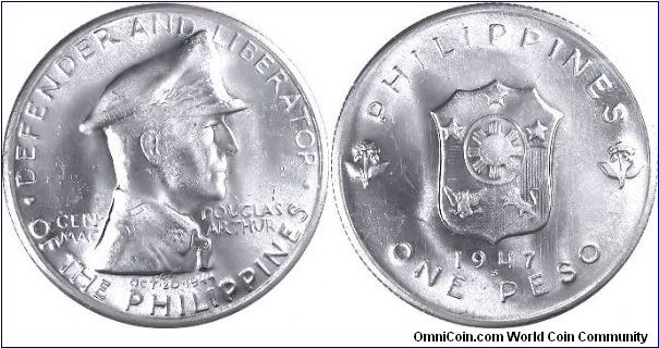 Another Gen. MacArthur coin. A silver one Peso also struck at the San Francisco Mint. Nice luster on this one too.