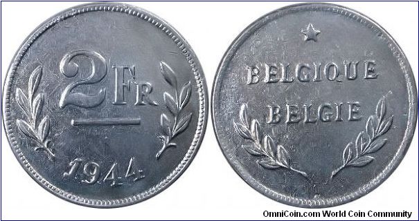 This 2 Francs from Belgium was coinage used during the U.S. occupation during WWII. It is struck on a 1 cent steel planchet.