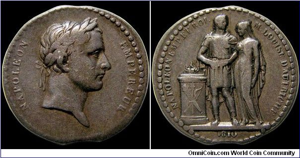 Marriage of Napoleon I and Marie Louise of Austria, France. One of the varieties of tiny silver jetons thrown to the crowds outside the cathedral. A second example.                                                                                                                                                                                                                                                                                                                                                