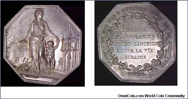 Silver jeton of `L'Union' life and incendiary assurance company issued 1860-79. Very three dimensional and beautiful example of craftsmanship by  Bessaignet.