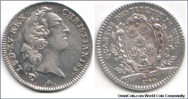 Silver jeton of the 5th Corps des Marchands de Paris . That is, the Hat Makers guild (Bonnetiers). Louis XV obverse by Francois Marteau (FM monogram below bust).