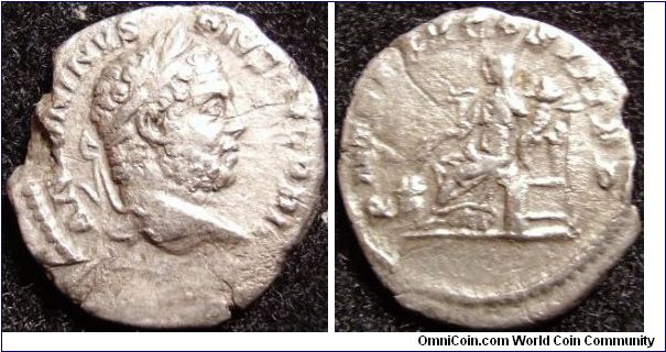 Caracalla AR Denarius 
obv:Laureate right
rev:Annona seated left holding corn ears over modius at foot and cornucopiae
-chipped planchet