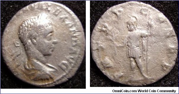 Severus Alexander Denarius 222-228
obv:laureate,draped bust right
rev:Mars standing left, holding spear and olive branch