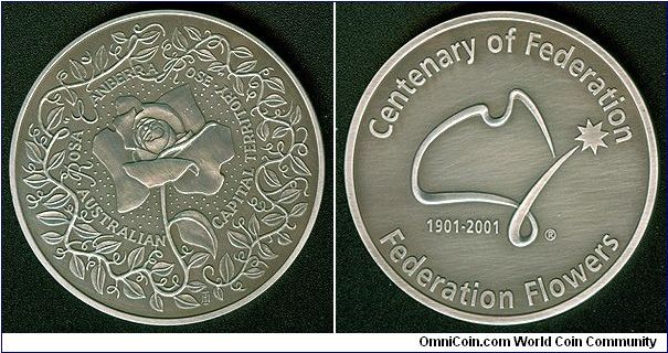 Australia Federation Flowers - Australian Capital Territory 'Canberra Rose', 0.999 Fine Silver medallion, 50mm 72g, Mintage 500, Antique finish.