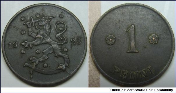 1 penni. OBVERSE die cracks at 5,7,10, and 12 o'clock. REVERSE die crack at 2:30,6,and 8.