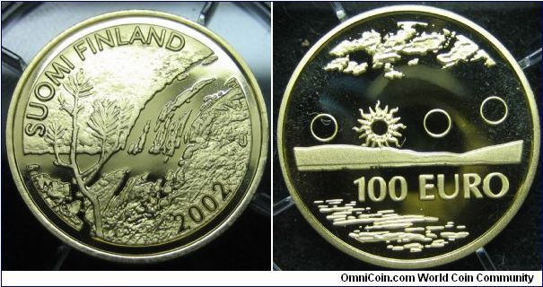 100 euro. Finland's first gold euro coin. Designed by Toivo Jaatinen. Au900