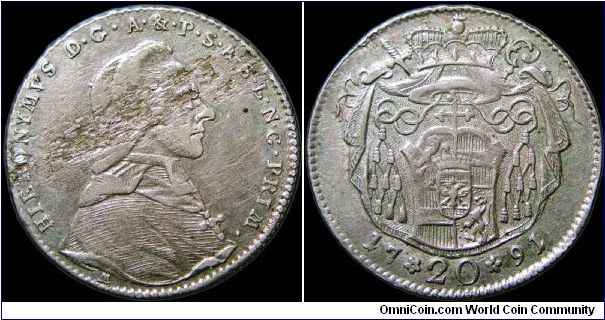 20 Kreuzer, Salzburg.

A huge planchet flaw on the obverse and PVC damage.                                                                                                                                                                                                                                                                                                                                                                                                                                        