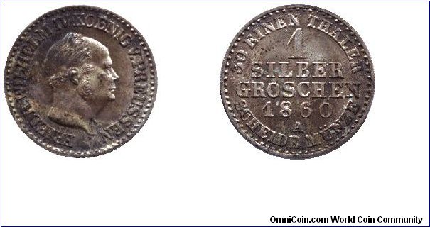 Prussia, 1 groschen, 1860, Ag, MM: A (Berlin), King Friedrich Wilhelm IV (1840-1861).                                                                                                                                                                                                                                                                                                                                                                                                                               