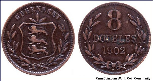 Guernsey, 8 doubles, 1902, Bronze.                                                                                                                                                                                                                                                                                                                                                                                                                                                                                  