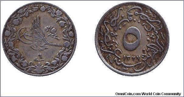 Egypt, 5/10 qirsh, 1913, Cu-Ni, Muhammad V (1909-1914), AH1327+4.                                                                                                                                                                                                                                                                                                                                                                                                                                                   
