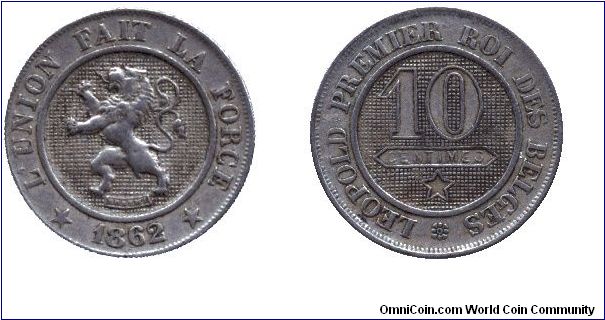 Belgium, 10 centimes, 1862, Cu-Ni, Leopold Premier Roi des Belges                                                                                                                                                                                                                                                                                                                                                                                                                                                   