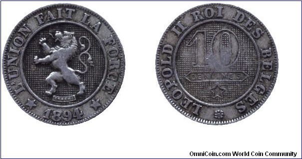 Belgium, 10 centimes, 1894, Cu-Ni, Leopold II Premier Roi des Belges.                                                                                                                                                                                                                                                                                                                                                                                                                                               