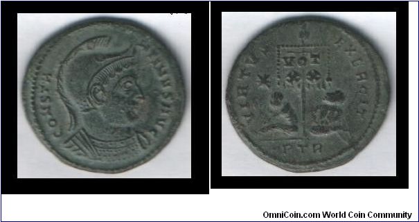 Constantine Follis
Two bound captives type 
320 A.D.
Trier Mint. 
RIC 254 rarety of R4 (Extremely rare).
Nice patina.