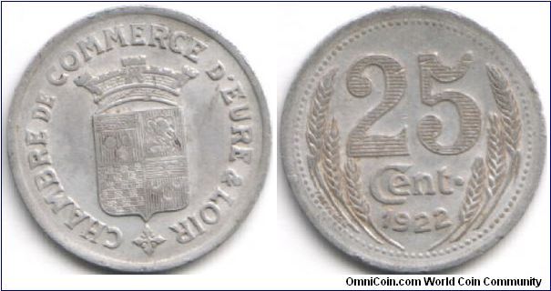 Post WWI Emergency money. Eure et Loire 25c in aluminium.