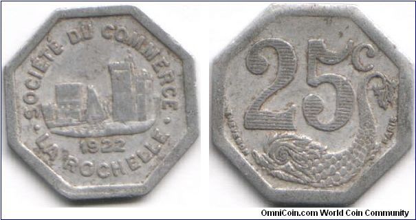 Post WWI Emergency money. La Rochelle 25c in aluminium.