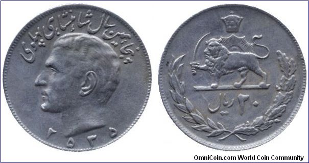 Iran, 20 rials, 1976, Cu-Ni, 50th Anniversary of the reign of Shah Pahlavi, MS 2535.                                                                                                                                                                                                                                                                                                                                                                                                                                