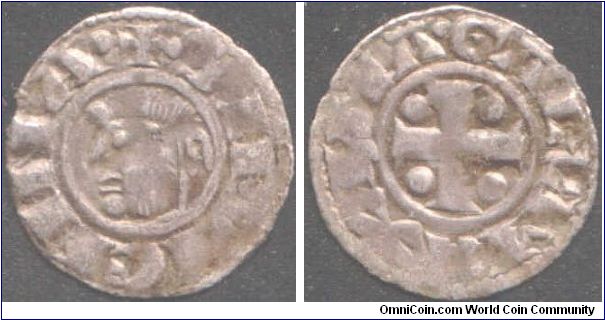 Denier Viennois 1300-1380 (+/-). Archbishops of Vienne.
obverse: depiction of Saint Maurice de Vienne (SM VIENNE). Reverse Short cross with pellets MAXIMA GALL.