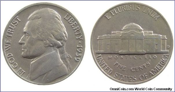 1939-D Jefferson five cents