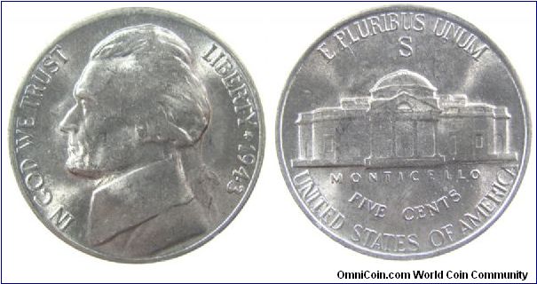 1943-S Jefferson five cent (wartime silver)