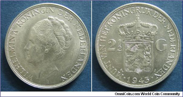 2.5 gulden, Wilhelmina, 0.720 silver, minted in Denver, mint mark D and privy mark palm tree