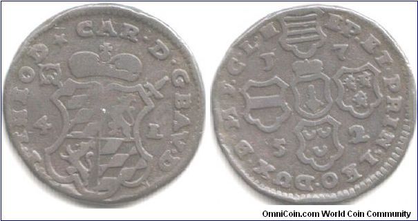 Liege. Four Liards in the name of Johann Theodore 1752.