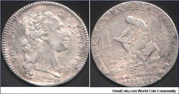 Silver jeton of `Les Six Corps Des Marchands' (merchant guilds of Paris). Bust of Louis XVI by Duvivier. Reverse shows Hercules seated on the Nemean Lion and trying to break six sticks (signifying strength in unity). Pillars of Hercules in left distance.