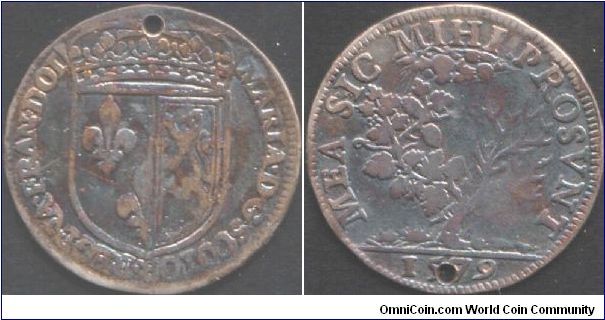 Very rare silver jeton of Mary Queen of Scots. Issued by France during her incarceration at the hands of Elizabeth I of England.