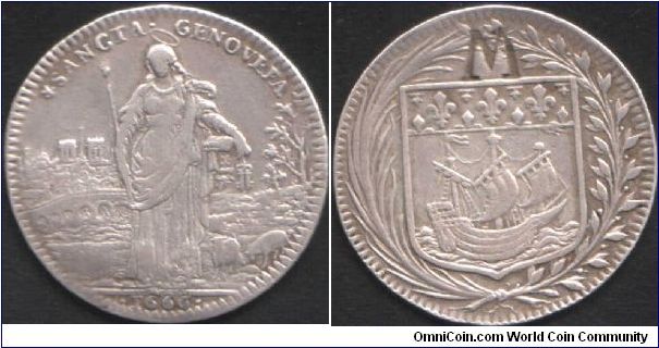 Another very scarce French silver jeton, this time issued for the church of Sainte Genevieve in Paris. Obverse shows the Saint with a pastoral scene of Paris behind. Reverse shows arms of Paris. There is also a an `M' counterstamp. Sadly, I don't know its significance.