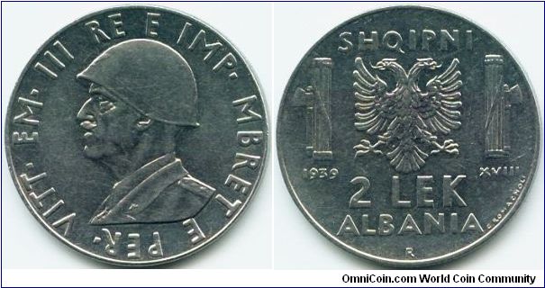 Albania, 2 lek 1939.
King Vittorio Emanuele III.