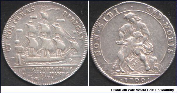Premier Corps des Marchands de Paris. Silver jeton of 1700 issued for the Drapers and Weavers of Wool guild. Obverse: One ship (eye above) representing the `premier corp' with the motto `in order that others may follow' (aka `guiding the way'). Reverse: sheep being sheared.