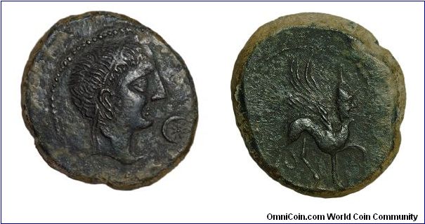 Celtiberian bronze of Castulo. From the period of Augustus ca. 27 B.C. to 14 A.D. Male head with crescent and star on the obv and a sphinx rev.