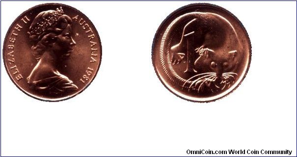 Australia, 1 cent, 1981, Bronze, Ring-tailed Opossum, Elizabeth II, Part of set MS14.                                                                                                                                                                                                                                                                                                                                                                                                                               