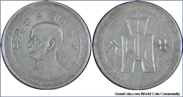 20 Fen, UNAUTHECTICATED! No mintmark as per Pattern #183 (Krause) and NOT megnetic (not pure nickel).
