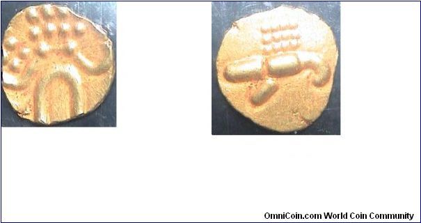 1 Vira Raya Fanam from Callicut (Zamorin's Callicut). Gold coin. Degenerated Kali and Boar. Likely to be reproduction coin.