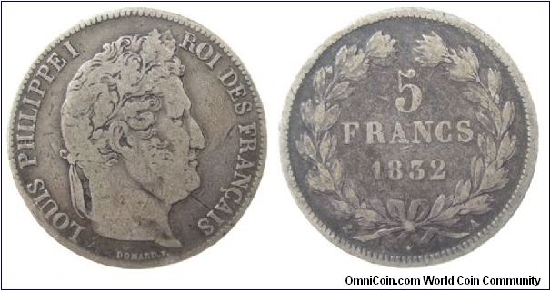 1832-A  5 Franc
KM #749.1